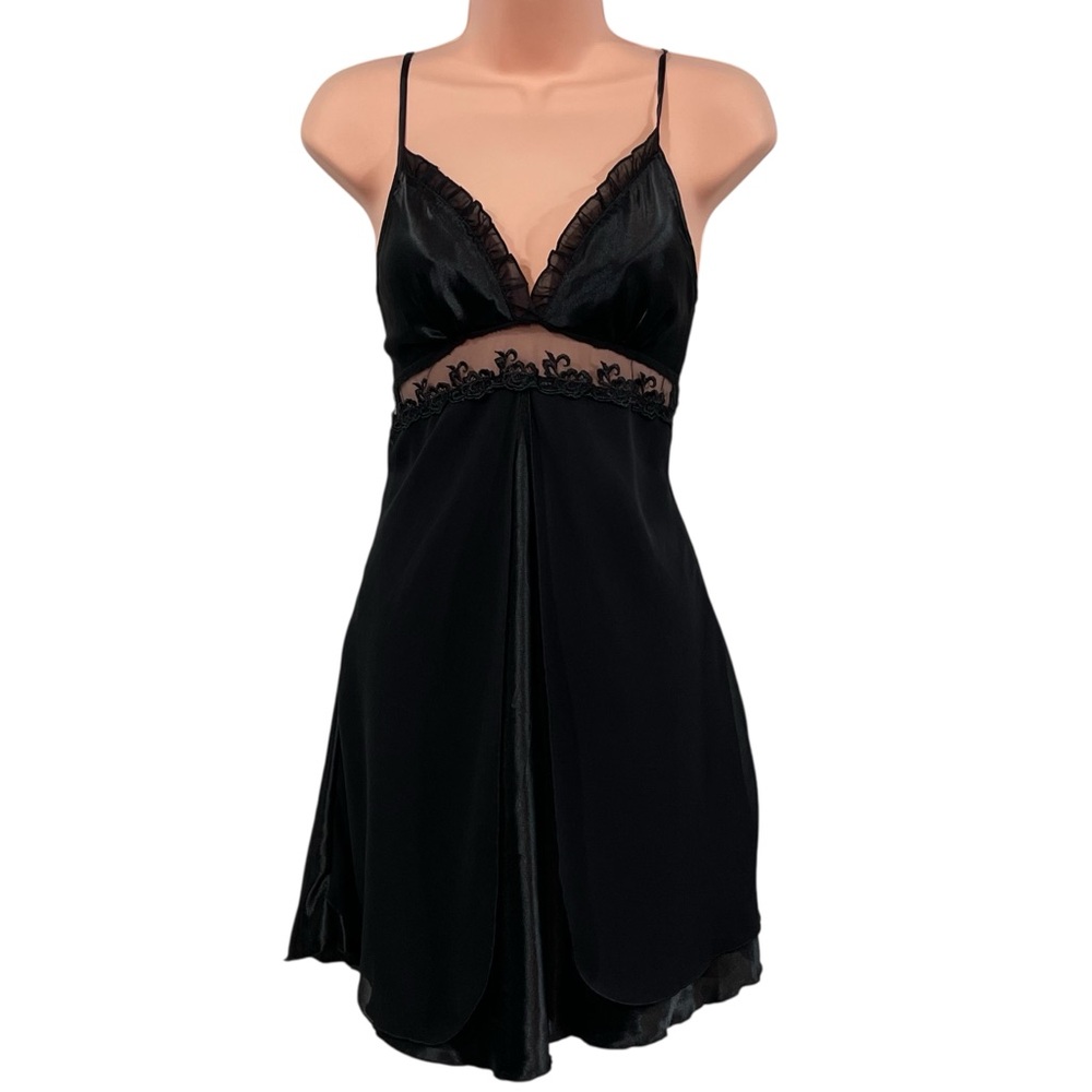 Black Satin Lace Trim Slip Dress